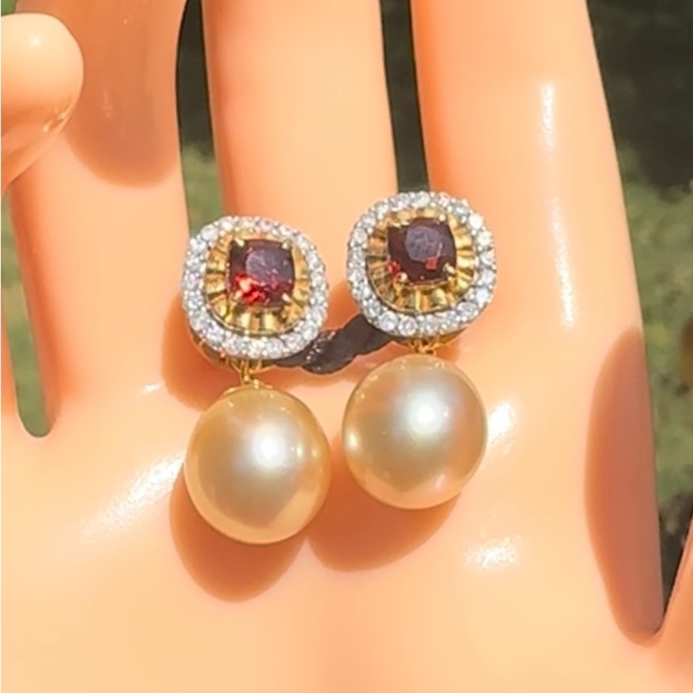 Southsea Pearl , Burmese Natural Garnet and Diamond earrings in 18k solid gold